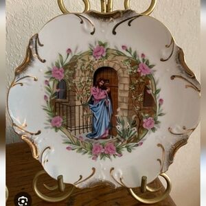 Floral Ceramic Plate with Gold Accents